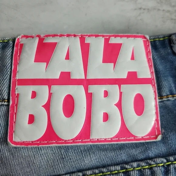 LalaBobo Light Wash Patched Lettered Y2K Jeans - Picture 3 of 10